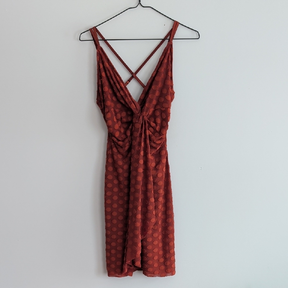 Rust Polka Dot V-Neck Slip Dress with Crisscross Back